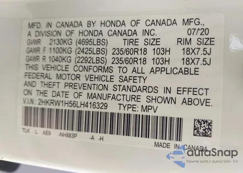 2020 Honda Cr-V 2Wd Ex из США, поврежденный, VIN 2HKRW1H56LH416329